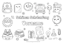 Malvorlage anpassen Kawaii Eule, Uhu Bus, Auto Symbole Buch Vögel und fliegende Säugetiere Lesen Öffentlicher Nahverkehr Schultasche Erdball Schulbeginn 