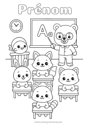 Coloriage à personnaliser Ours Chat Kawaii Lapin Maîtresse/Maître École Chiens et chats Animaux de la forêt Métiers de l'éducation Tableau de classe Salle de classe élève Pupitre Raton laveur