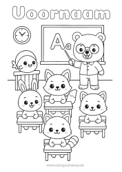 Kleurplaat aanpassen Beer Kat Kawaii Konijn Dier Juf/Meester School Honden en katten Bosdieren Onderwijsberoepen Schoolbord Klaslokaal Leerling Schoolbureau Wasbeer
