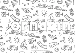 Färgläggningssida att anpassa Raket Lastbil Fordon Båt Tåg Utsmyckat namn Luftballong Buss, bil Helikopter Doodle Luftfartyg Marina fordon Kollektivtrafik på land Lastbilar och nyttofordon Dekorativ bakgrund