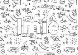 Kolorowanka do personalizacji Rakieta Ciężarówka Pojazdy łódź Pociąg Nazwisko odznaczone Balon na gorące powietrze Autobus, samochód Śmigłowiec Doodle Pojazdy powietrzne Pojazdy morskie Transport public lądowy Ciężarówki i pojazdy użytkowe Tło dekoracyjne