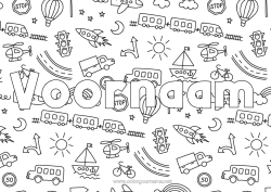 Kleurplaat aanpassen Raket Vrachtwagen Voertuigen Boot Trein Gedecoreerde naam Luchtballon Bus, autocar Helikopter Doodle Luchtvaartuigen Maritieme voertuigen Openbaar vervoer over land Vrachtwagens en bedrijfsvoertuigen Decoratieve achtergrond