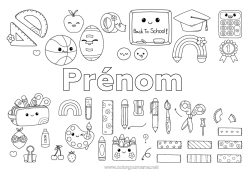 Dessin gratuit Kawaii Arc en ciel Crayon de couleur École Crayon Rentrée scolaire Tableau de classe Toque d'étudiant Fournitures scolaires Trousse équerre Rapporteur Peinture Ciseaux