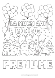 Pagină de colorat personalizată Baloane Sărbătoare Câine La mulți ani! Animal Câini și pisici Brad Mesaj 