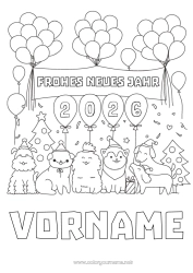 Malvorlage anpassen Luftballons Fest Hund Frohes Neues Jahr Tier Hunde und Katzen Tannenbaum Nachricht 