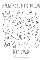 Desenho para personalizar Lápis Mochila Volta às Aulas Mensagem de Boas-vindas Materiais Escolares Esquadro Calculadora Tesouras