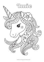 Kolorowanka za darmo Kwiaty Jednorożec Zwierzę Zentangle Smoki, jednorożce i fantastyczne zwierzęta Głowa