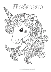 Coloriage gratuit Fleurs Licorne Animal Zentangle Dragons, licornes et animaux fantastiques Tête