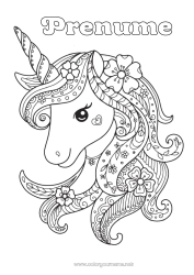 Pagină de colorat gratuită Flori Unicornă Animal Zentangle Dragoni, unicorni și animale fantastice Cap