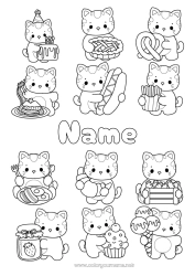 Coloring to customize Cake Cat Kawaii Food Animal Treats Cupcake Dog and cat Egg Fries Biscuits Hot dog Pretzel Jam