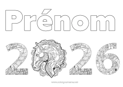 Coloriage gratuit Cheval Bonne année Zentangle Animaux de la ferme 2026
