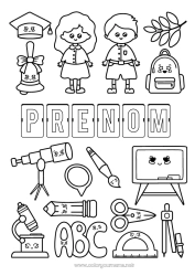 Dessin gratuit École Symboles Crayon Cartable Rentrée scolaire Tableau de classe élève Toque d'étudiant Fournitures scolaires Rapporteur Microscope Compas Téléscope