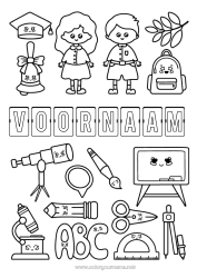 Gratis kleurplaat School Symbolen Potlood Schooltas Terug naar school Schoolbord Leerling Studentenmuts Schoolbenodigdheden Winkelhaak Microscoop Passer Telescoop