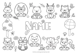 Free drawing Bear Hedgehog Reindeer Kawaii Squirrel Autumn Fox Owl Bunny Animal Mushroom Flying birds and mammals Forest animals Raccoon Dead leaves