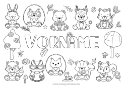 Kostenlose Zeichnung Bär Igel Rentier Kawaii Eichhörnchen Herbst Fuchs Eule, Uhu Hase Tier Pilz Vögel und fliegende Säugetiere Waldtiere Waschbär Tote Blätter