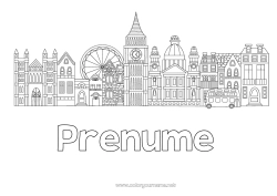 Pagină de colorat gratuită Londra Regatul Unit Autobuz, microbuz Peisaj urban Transport public terestru Monument Orașul lumii Silhouette urbană