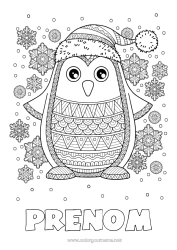 Coloriage gratuit Neige Hiver Mandala Pingouin, Manchot Flocons de neige Animal Oiseaux et mammifères volants Bonnet d'hiver