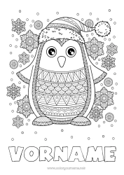 Kostenlose Malvorlage Schnee Winter Mandala Pinguin, Pinguin Schneeflocken Tier Vögel und fliegende Säugetiere Wintermütze
