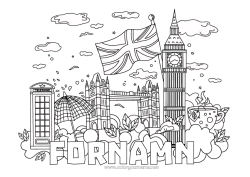 Färgläggningssida att anpassa London Storbritannien Flagga Symboler Monument Tornbron