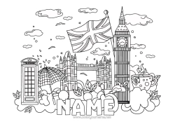Colouring to customise London United Kingdom Flag Symbols Monument Tower Bridge