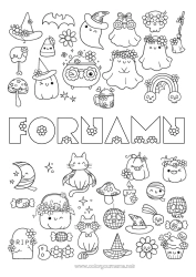 Gratis färgläggning Spöke Pumpa Häxa Svart katt Magisk kittel Blommor Halloween Söt Höst Jack O'Lantern