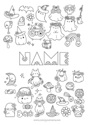Colouring to customise Ghost Pumpkin Witch Black Cat Magic Cauldron Flowers Halloween Cute Autumn Jack O'lantern
