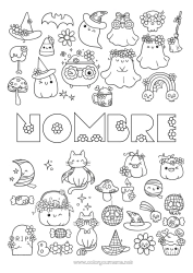 Dibujo libre Fantasma Calabaza Bruja Gato negro Caldero mágico Flores Halloween Kawaii Otoño Jack O'Lantern