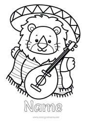 Free colouring Lion Animal Music Mexico Easy colouring pages Wild animals of Africa Music Day Guitar Musical instruments Sombrero
