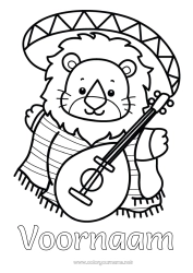 Gratis tekening Leeuw Dier Muziek Mexico Eenvoudige kleurplaten Wilde dieren van Afrika Muziekfestival Gitaar Muziekinstrumenten Sombrero