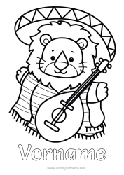 Kostenlose Malvorlage Löwe Tier Musik Mexiko Einfache Ausmalbilder Wilde Tiere Afrikas Musikfest Gitarre Musikinstrumente Sombrero