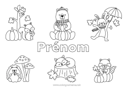 Coloriage à personnaliser Citrouille Ours Hérisson Automne Lapin Parapluie Animaux de la forêt Raton laveur Souche d'arbre Feuilles mortes