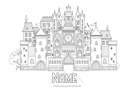 Free colouring Castle Fairy tale Clock