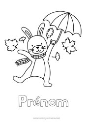 Coloriage à personnaliser Automne Lapin Animal Parapluie Coloriages faciles Animaux de la forêt Feuilles mortes