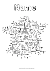 Free coloring Children's activities Geography France Country Eiffel Tower Arc de Triomphe Monument Country map Connect the Numbers