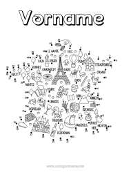 Malvorlage anpassen Kinderaktivitäten Geografie Frankreich Land Eiffelturm Triumphbogen Denkmal Landkarten Verbinde die Zahlen