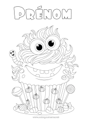 Coloriage à personnaliser Bonbons Monstre Citrouille Gâteau Halloween Gourmandises, sucreries Cupcake Insectes Sucette Ver