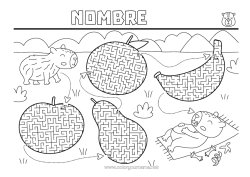 Colorear gratis Actividades para niños Frutas Otros animales del mundo Plátano Pera Naranja Manzana Laberinto Capibara