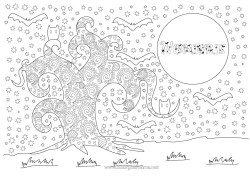 Colorear gratis Murciélago Halloween Estrellas Luna Dibujos complejos para colorear Zentangle Aves y mamíferos voladores árbol encantado