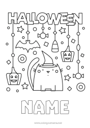 Free coloring Bat Sweets Witch Cat Halloween Dog and cat Flying birds and mammals Inscription 