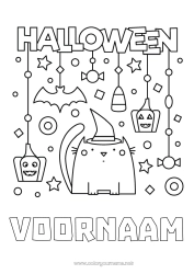 Kleurplaat aanpassen Vleermuis Snoepjes Heks Kat Halloween Honden en katten Vogels en vliegende zoogdieren Inscriptie 'halloween'