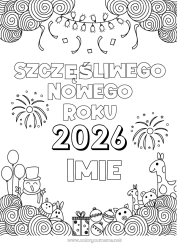 Kolorowanka do personalizacji Bałwanek Żyrafa Balony Szczęśliwego Nowego Roku! Fajerwerki Zentangle Dzikie zwierzęta Afryki Rok do personalizacji 2026 2027