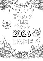 Colouring to customise Snowman Giraffe Balloons Happy New Year Firework Zentangle Wild Animals Of Africa Customisable Year 2026 2027