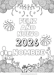 Dibujo libre Muñeco de nieve Jirafa Globos Feliz año Fuegos artificiales Zentangle Animales salvajes de África Año Personalizable 2026 2027