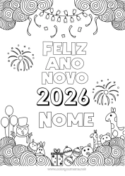 Desenho grátis Boneco de neve Girafa Bolas Feliz Ano Novo Fogos de artifício Zentangle Animais selvagens da África Ano personalizável 2026 2027