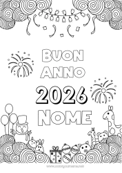 Disegno gratuito Pupazzo di neve Giraffa Palloncini Buon Anno Fuochi d'artificio Zentangle Animali selvatici dell'Africa Anno personalizzabile 2026 2027