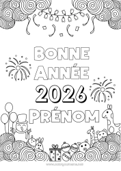 Dessin gratuit Bonhomme de neige Girafe Ballons Bonne année Feu d'artifice Zentangle Animaux sauvages d'Afrique Année personnalisable 2026 2027