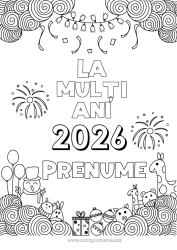 Pagină de colorat personalizată Om de zăpadă Girafă Baloane La mulți ani! Foc de artificii Zentangle Animale sălbatice din Africa An personalizabil 2026 2027
