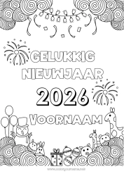 Gratis tekening Sneeuwpop Giraffe Ballonnen Gelukkig Nieuwjaar Vuurwerk Zentangle Wilde dieren van Afrika Aanpasbaar jaar 2026 2027