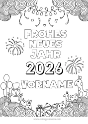 Kostenlose Zeichnung Schneemann Giraffe Luftballons Frohes Neues Jahr Feuerwerk Zentangle Wilde Tiere Afrikas Anpassbares Jahr 2026 2027
