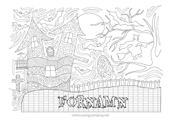 Gratis färgläggning Fladdermus Häxa Svart katt Halloween Uggla, Hök Måne Komplexa målarbilder Zentangle Fåglar och flygande däggdjur Spökhus Spökligt träd